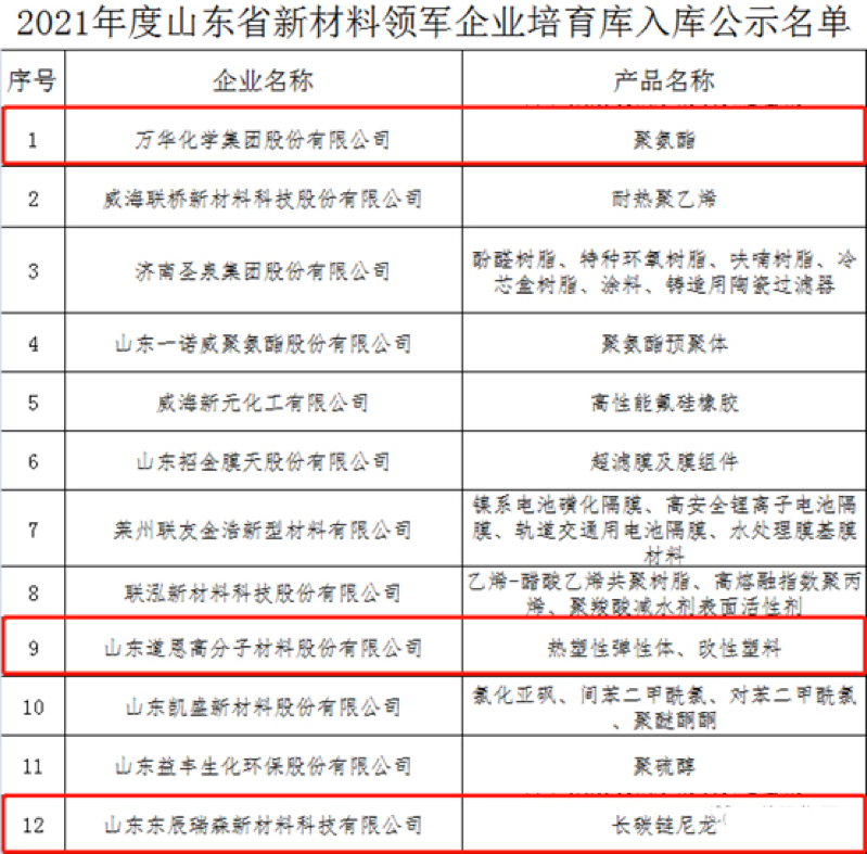 萬華化學、山東道恩、東辰瑞森等企業在列！2021年度山東省新材料領軍企業公示